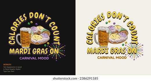 Etiqueta divertida del carnaval de Mardi Gras con vaso lleno de cerveza, pastel tradicional de rey, texto. Para impresiones, ropa, camiseta, diseño de superficie. Ilustración vintage con estilo de fuente modificable. No IA