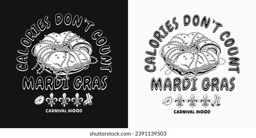 Carnival fun Mardi Gras label with traditional king cake, fleur de Lis sign, text. For prints, clothing, t shirt, surface design. Vintage illustration. Not AI