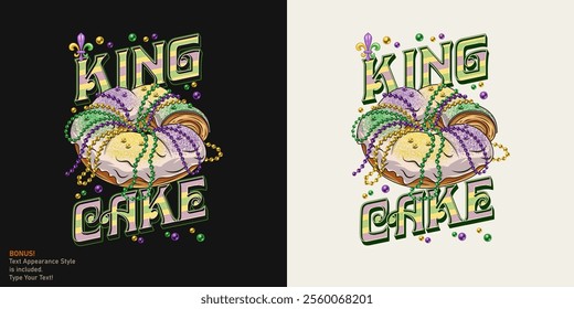 Carnival fun Mardi Gras label with traditional king cake with strings of beads, Fleur de Lis sign, scattered beads, text. Detailed illustration in vintage style with editable font style.