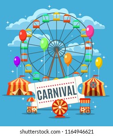 Carnival fun park poster. Amusement park banner with circus and funfair elements, amuse festival graphics design, vector illustration