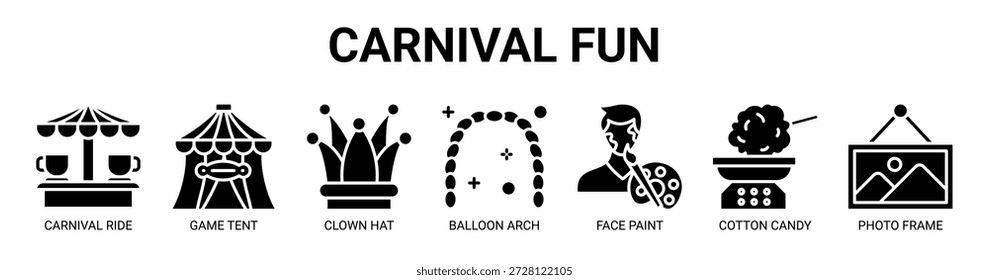 Carnival Fun Web-Banner-Symbol Vektorgrafik-Konzept mit Symbol der Karnevalsfahrt, Spielzelt, Clown-Hut, Ballonbogen, Gesichtsbemalung, Zuckerwatte, Fotorahmen.