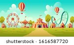 Carnival funfair, amusement park with circus tent, roller coaster, carousel and ferris wheel. Vector cartoon illustration of summer landscape with attractions and balloons