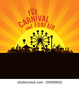 The carnival funfair and amusement with sunset/sunbeams background. vector illustration