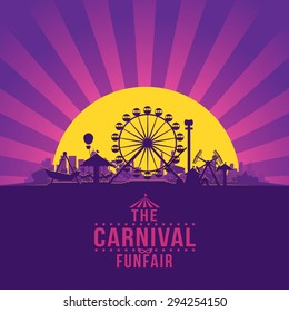 The carnival funfair and amusement with sunset/sunbeams background. vector illustration