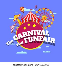 Carnival funfair banner. Amusement park circus, carousels, ferris wheel and merry-go-round attractions with inscription on blue cloud background. Fun fair festival. Vector eps illustration