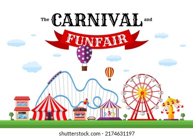 Carnival funfair banner. Amusement park with circus, carousels, roller coaster, attractions on white background. Festive theme design template. Fun fair festival poster. Vector eps illustration