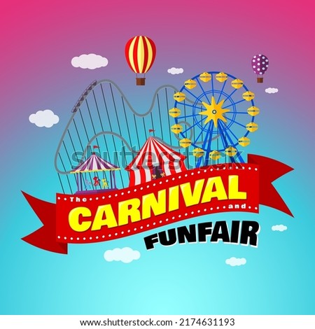 Carnival funfair banner design template. Amusement park with circus, carousels, roller coaster, attractions on festive ribbon with inscription. Fun fair festival poster. Vector eps illustration