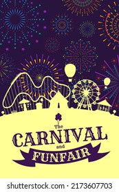 Carnival funfair banner with firework on night sky. Amusement park with circus, carousels, roller coaster, attractions on fireworks sparkles rays background. Fun fair festival vector eps poster