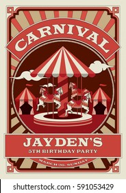 Carnival and Funfair birthday invitation template. Circus tent. Merry go round. Retro poster. Invite kids. Birthday party invitation. Amusement park, carousel. Vector/Illustration. 