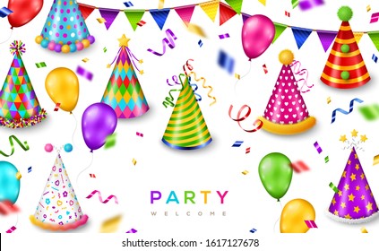 Carnival funfair card with colored party caps on white background. Vector illustration. Place for text. Streamers, confetti, flying balloons and hanging flag garlands.