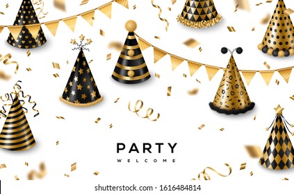 Carnival funfair card with gold and black party caps on white background. Vector illustration. Place for text. Streamers, confetti and hanging flag garlands.