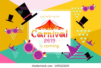 Carnival funfair card with square frame, photo booth props and masks on colorful background. Vector illustration.