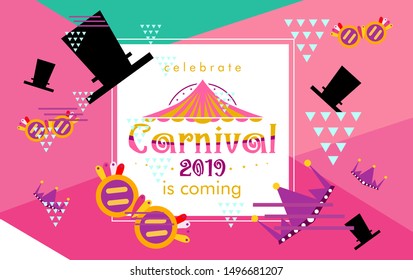Carnival funfair card with square frame, photo booth props and masks on colorful background. Vector illustration.