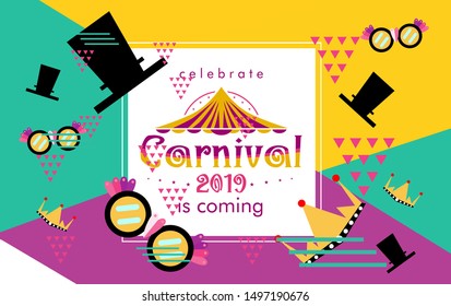 Carnival funfair card with square frame, photo booth props and masks on colorful background. Vector illustration.