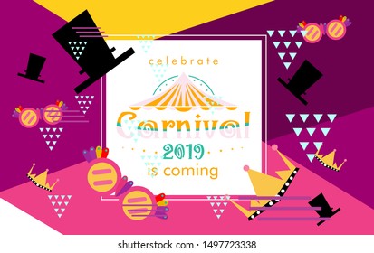 Carnival funfair card with square frame, photo booth props and masks on colorful background. Vector illustration.