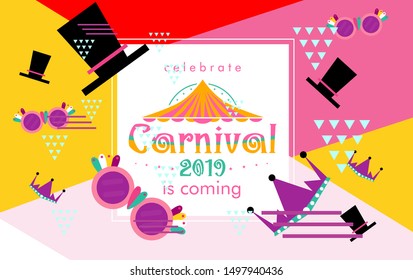 Carnival funfair card with square frame, photo booth props and masks on colorful background. Vector illustration.