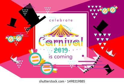 Carnival funfair card with square frame, photo booth props and masks on colorful background. Vector illustration.