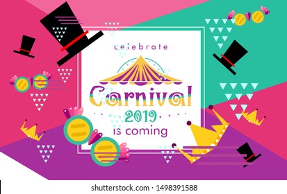 Carnival funfair card with square frame, photo booth props and masks on colorful background. Vector illustration.