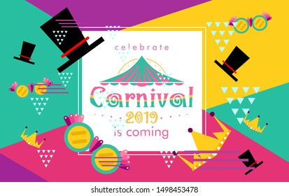Carnival funfair card with square frame, photo booth props and masks on colorful background. Vector illustration.