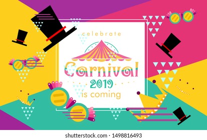 Carnival funfair card with square frame, photo booth props and masks on colorful background. Vector illustration.