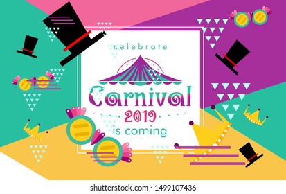 Carnival funfair card with square frame, photo booth props and masks on colorful background. Vector illustration.