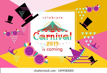 Carnival funfair card with square frame, photo booth props and masks on colorful background. Vector illustration.
