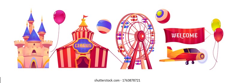 Carnival funfair with circus tent, ferris wheel and magic castle. Vector cartoon set of attractions in amusement park with airplane, welcome banner and balloons isolated on white background