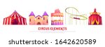 Carnival funfair with circus tent, roller coaster, castle and candy cotton cart. Vector cartoon set of attractions in summer amusement park isolated on white background