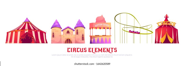 Carnival funfair with circus tent, roller coaster, castle and candy cotton cart. Vector cartoon set of attractions in summer amusement park isolated on white background