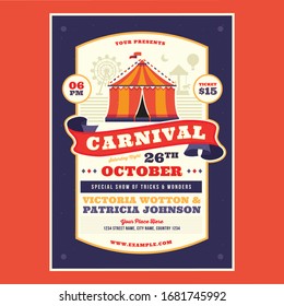 Carnival, funfair colored poster in flat style with ferris wheel from amusement parks, headline, sample text on background vector illustration