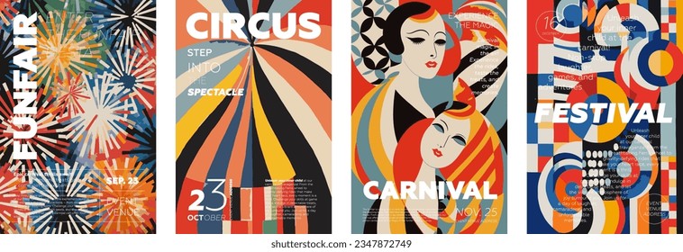 Carnaval y juego de afiches de arte retro creativo Funfair. Colección de diseño de impresión de tipografía vintage de circo y festival. Placard con texto promocional sobre un patrón abstracto colorido. Vecinos modernos y de moda