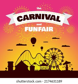 Carnival funfair with fireworks rays. Amusement park carousels, roller coaster and attractions on sunset. Fun fair and festive theme landscape. Ferris wheel and merry-go-round festival poster vector
