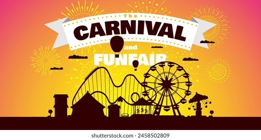 Carnival funfair with fireworks rays. Amusement park carousels, roller coaster and attractions on sunset. Fun fair and festive theme landscape. Ferris wheel and merry-go-round fest horizontal banner