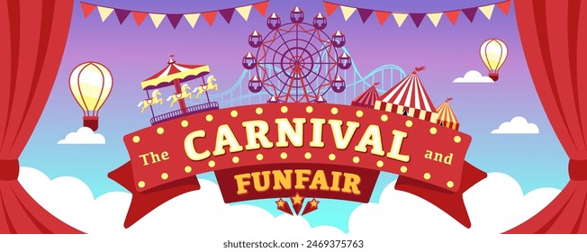 Carnival funfair with fireworks rays. Amusement park carousels