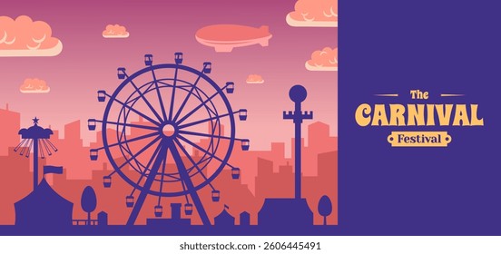 Carnival funfair with fireworks rays. Amusement park carousels