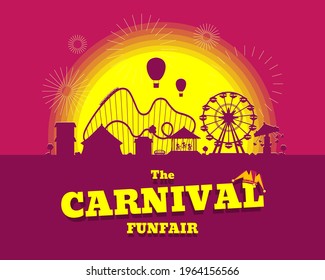 Carnival funfair flyer or banner. Amusement park with circus, carousels, rollercoaster, attractions on sunset background. Fun fair landscape with fireworks. Ferris wheel and merry-go-round festival