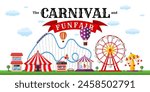 Carnival funfair horizontal banner. Amusement park with circus, carousels, roller coaster, attractions on white backdrop. Festive theme design template. Fun fair festival poster. Vector illustration