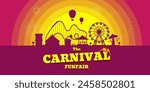 Carnival funfair horizontal banner. Amusement park with circus, carousels, roller coaster, attractions on sunset background. Fun fair landscape with fireworks. Ferris wheel and merry-go-round festival