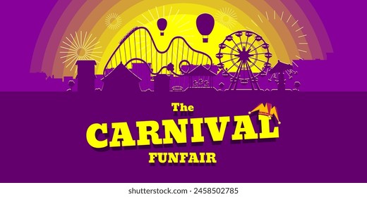 Carnival funfair horizontal banner. Amusement park with circus, carousels, roller coaster, attractions on sunset city backdrop. Fun fair landscape with fireworks. Ferris wheel and merry-go-round fest