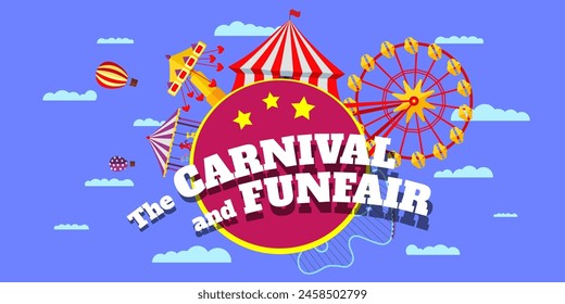 Carnival funfair horizontal banner. Amusement park circus, carousels, ferris wheel and merry-go-round attractions with inscription on blue cloud background. Fun fair festival. Vector eps illustration