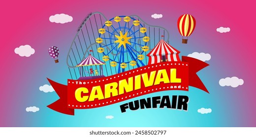 Carnival funfair horizontal banner design template. Amusement park with circus, carousels, roller coaster, attractions on festive ribbon with inscription. Fun fair festival poster. Vector illustration