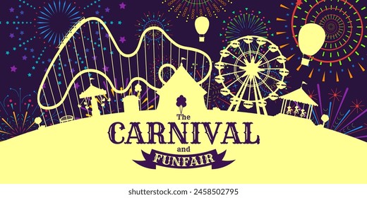 Carnival funfair horizontal banner with firework on night sky. Amusement park with circus, carousels, roller coaster, attractions on fireworks sparkles rays backdrop. Fun fair festival vector flyer