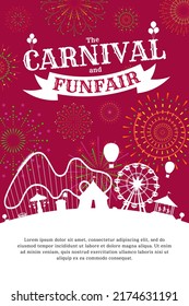 Carnival funfair poster with firework on red sky. Amusement park silhouette with circus, carousels, roller coaster, attractions on fireworks sparkles rays background. Fun fair festival vector placard