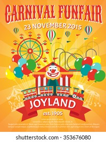 Carnival funfair promo poster with clown and party balloons vector illustration