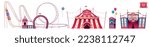 Carnival funfair with roller coaster, circus tent, tickets booth and hall of mirrors. Amusement park with festival fair tents and attractions, signs and balloons, vector cartoon set