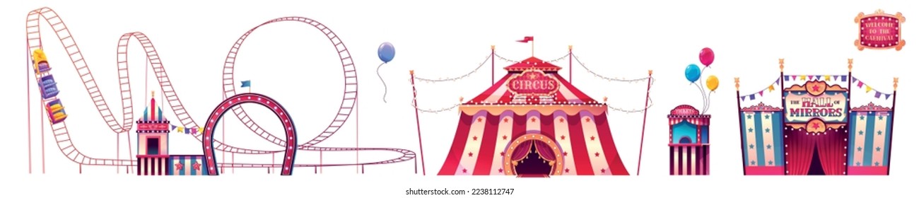 Carnival funfair with roller coaster, circus tent, tickets booth and hall of mirrors. Amusement park with festival fair tents and attractions, signs and balloons, vector cartoon set