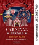 carnival funfire flyer with 3d circus, carousel and ferris wheel. circus show poster with amusement park