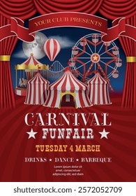 carnival funfire flyer with 3d circus, carousel and ferris wheel. circus show poster with amusement park