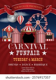 carnival funfire flyer with circus, carousel and ferris wheel. circus show poster with amusement park