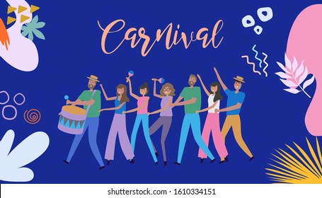 Carnival with funny dancing men and women, carnival objects and abstract shapes. Design template for cards, posters and banners.  Editable vector Illustration.